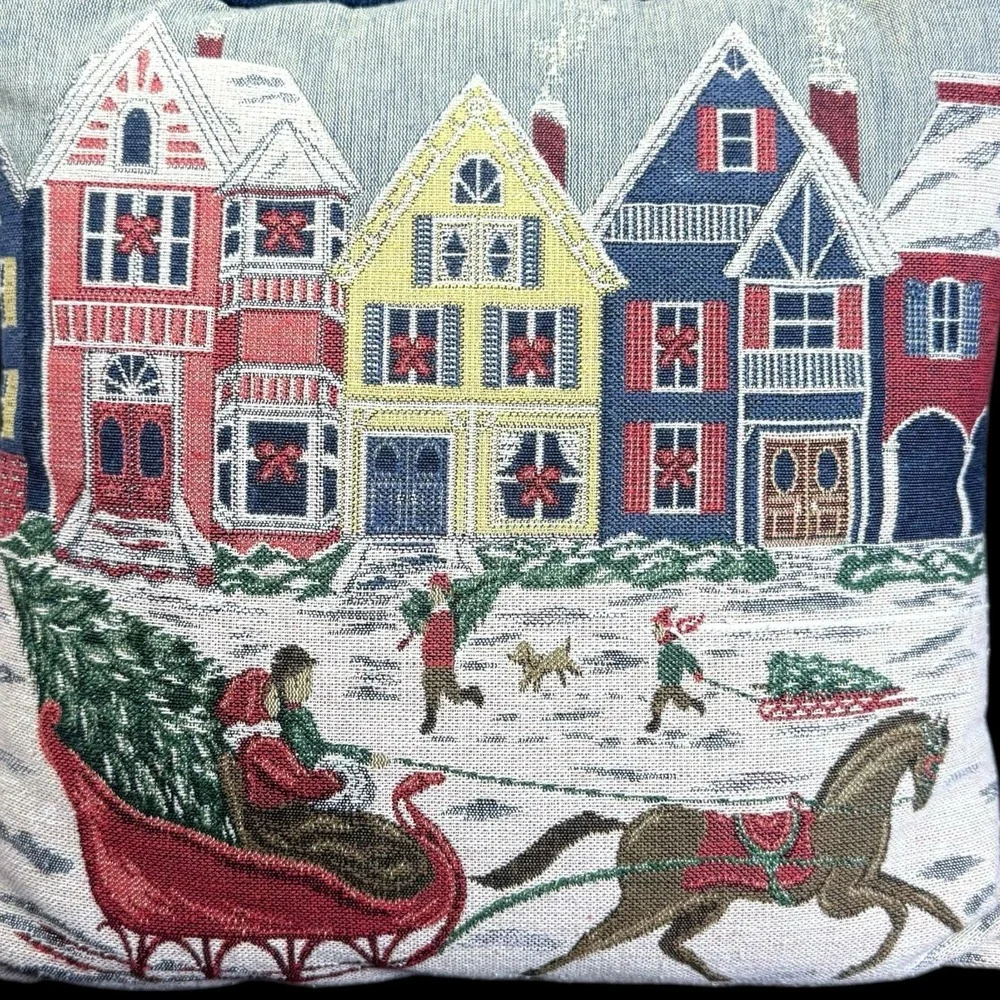 Vtg. Christmas Tapestry throw Pillow Horse Sleigh Winter Scene Holiday Decor 15